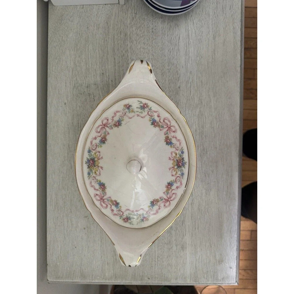 Vintage Edwin M Knowles Covered Vegetable Bowl Pink Roses Gold Trim